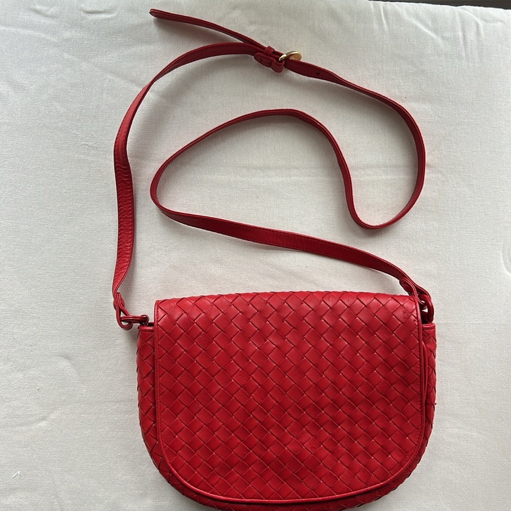 Vintage 1980's Bottega Veneta Red Woven Leather Crossbody Bag